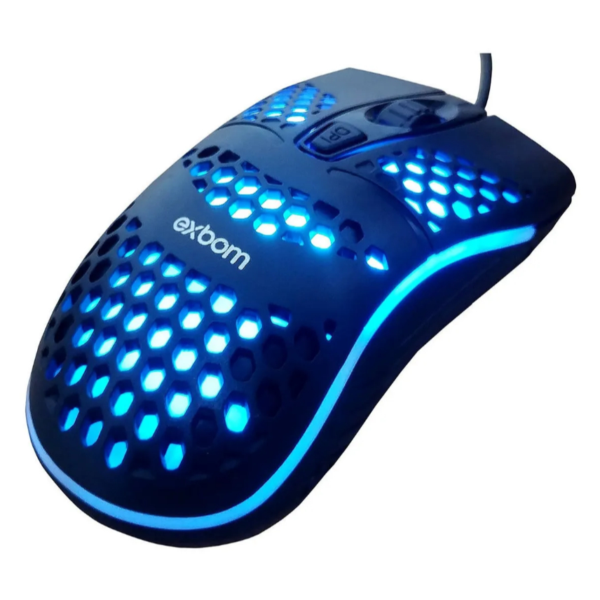 Mouse Com Fio USB Gamer Optico Ultraleve Colmeia Preto Led Exbom MS-C-32