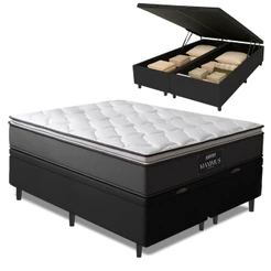 Cama Box Baú Casal Queen Colchão Molas Ensacadas Pillow Top Maximus 158x198x65cm Cinza / Preto Gazin