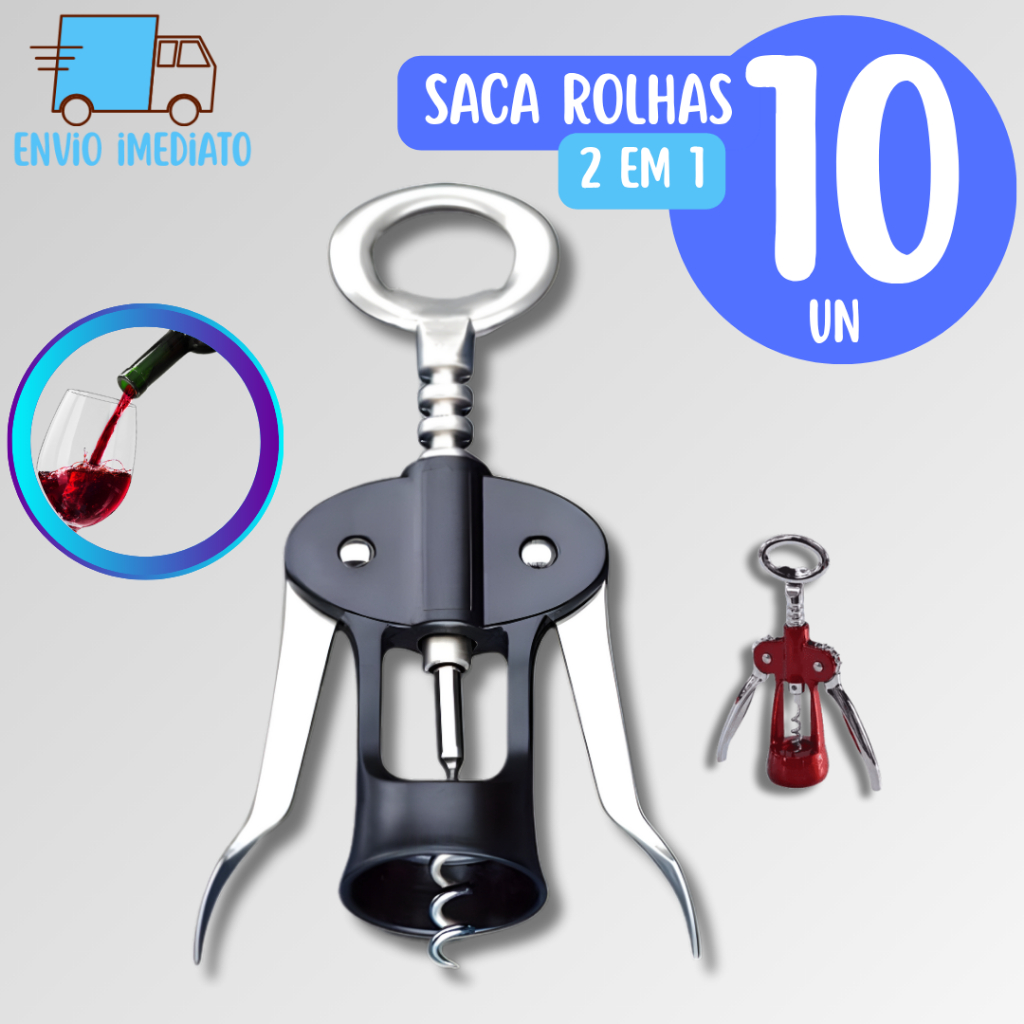 Kit 10 Saca Rolhas Abridor de Garrafa Inox 2 em 1Reforçado Manual para Casa Cozinha Adega Vinicula