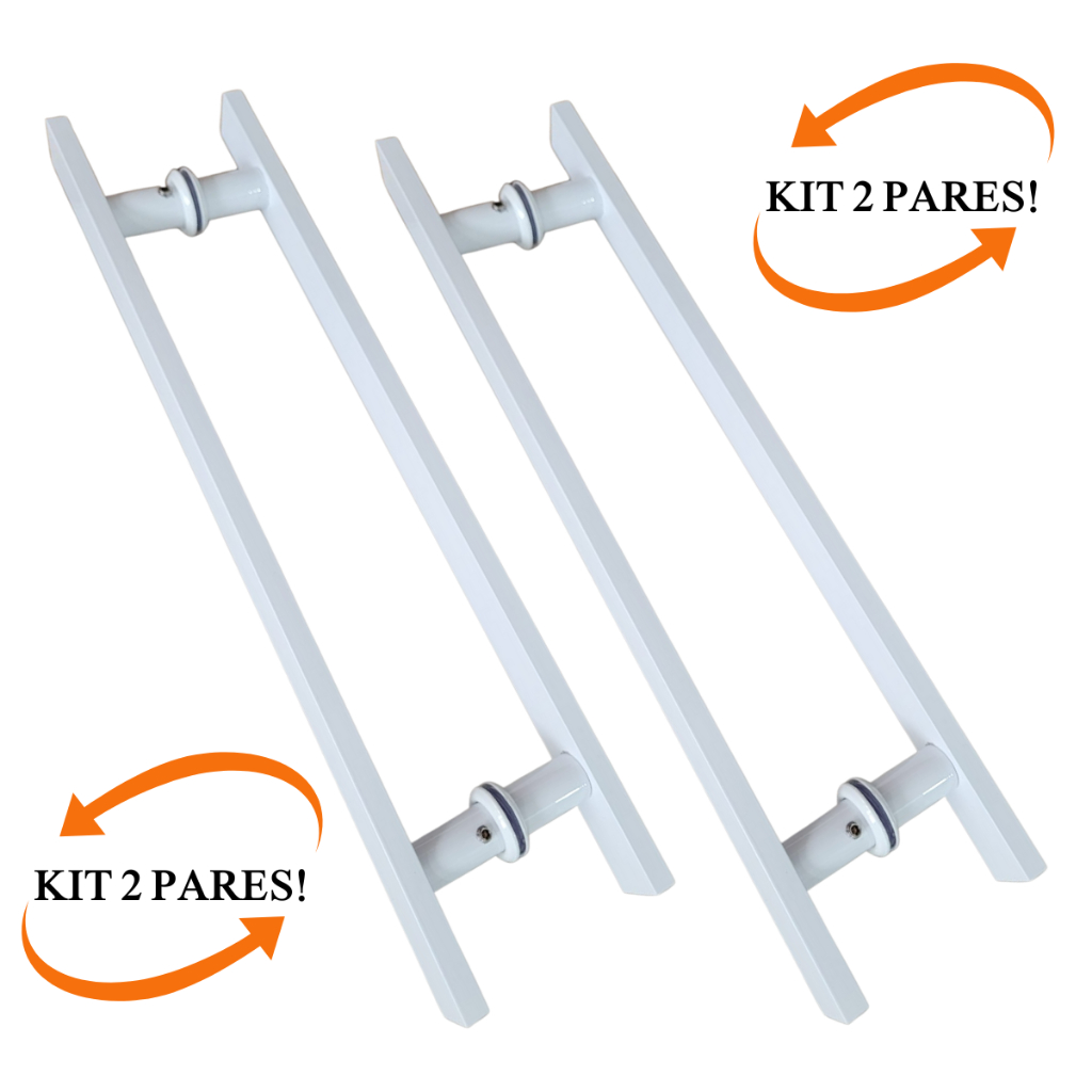 KIT 2 PARES, Puxador H barra chata 400x300mm cor branco para porta de vidro de correr ou abrir