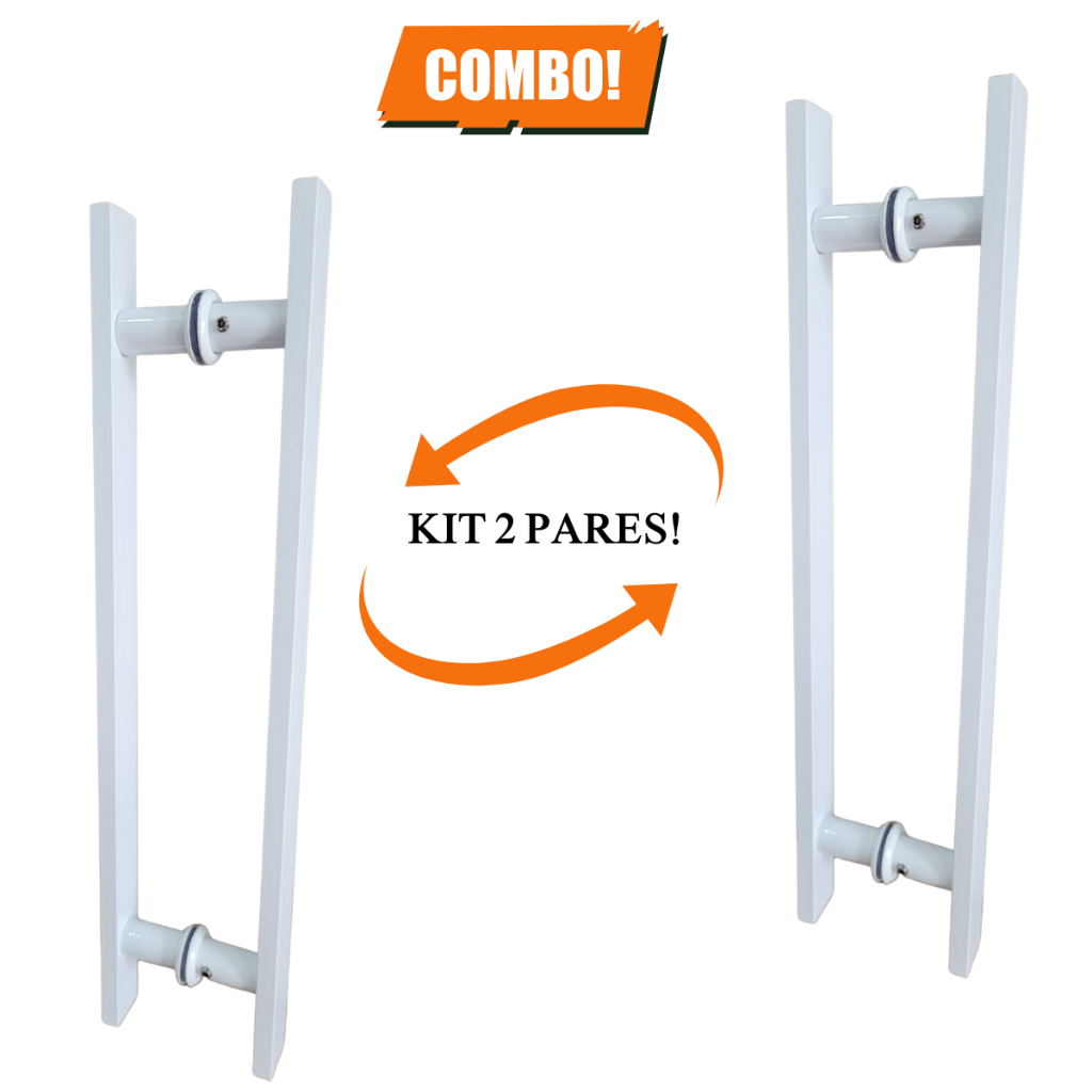 KIT 2 PARES, Puxador H barra chata em alumínio cor branco para porta de vidro