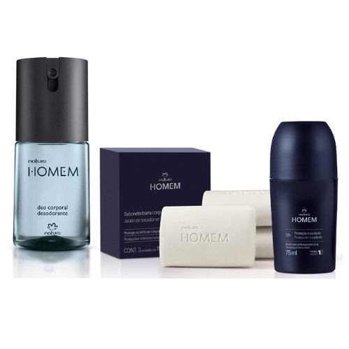 Kit Desodorante Roll-on, Sabonete Corpo e Barba e Desodorante em Spray Natura Homem - Natura Perfume