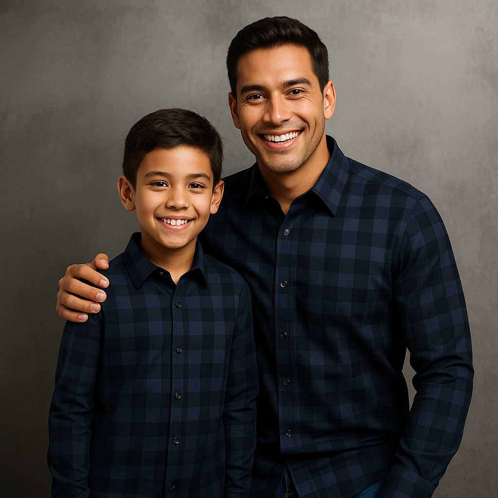 Camisa Social Tal Pai Tal Filho Xadrez Manga Longa Xadrez Azul e Preta - Kit 2 Camisas Iguais