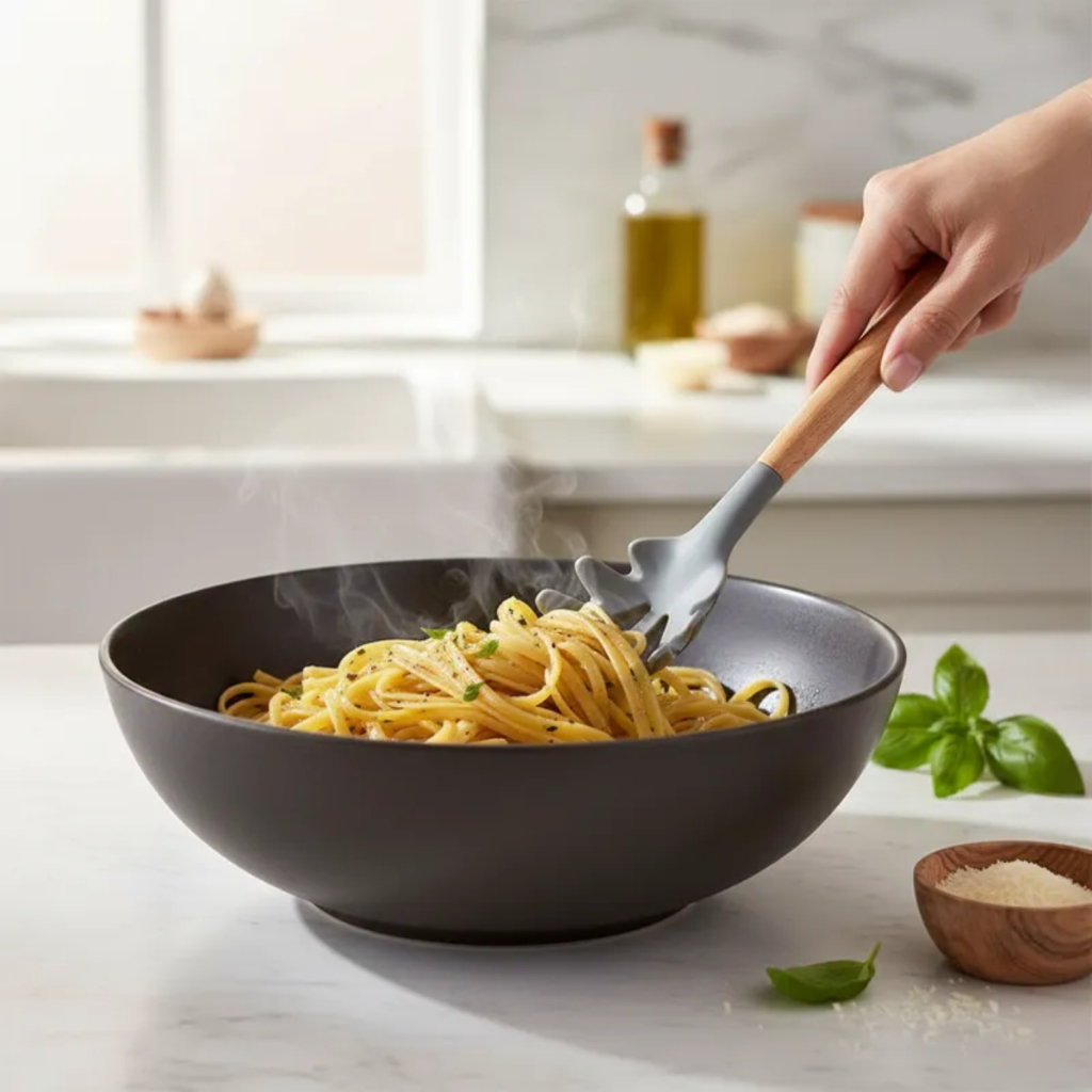 Pegador Silicone Cinza Cabo Madeira Utensilio Cozinha Massa Macarrão