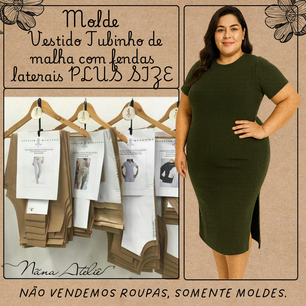 MOLDE DE ROUPAS PARA COSTURA  Molde  Molde   Vestido Tubinho de malha  PLUS SIZE com fendas laterais,   em papel kraft 1