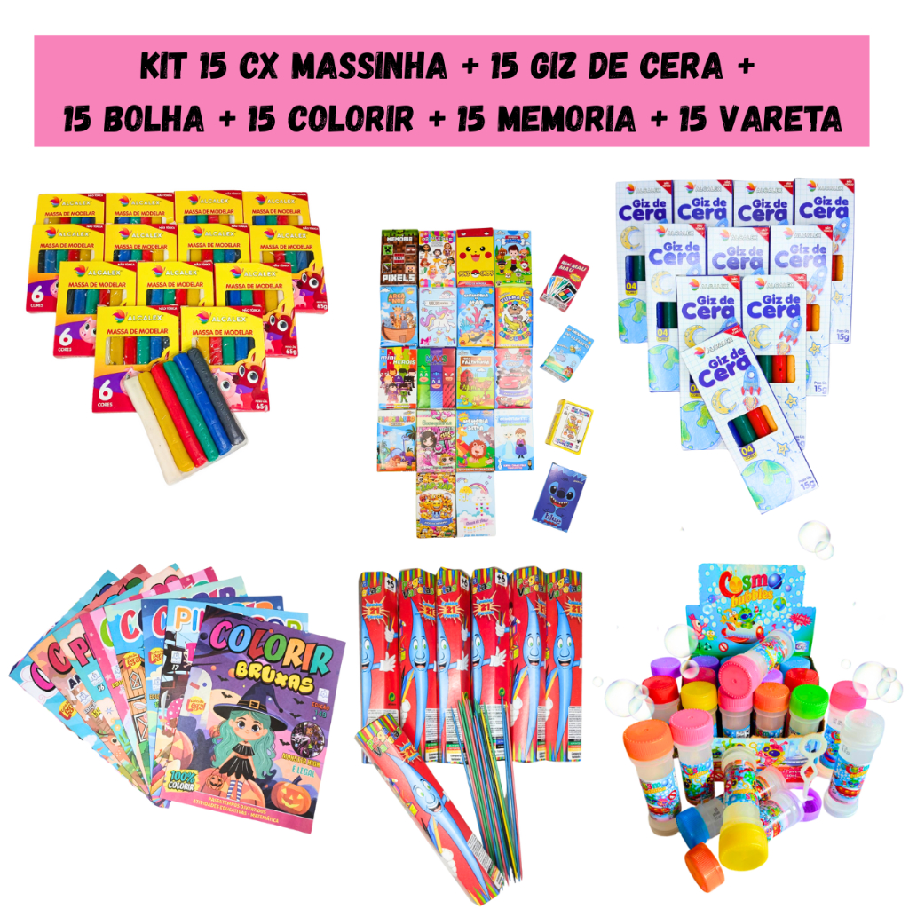 15 Massinha Modelar + 15 Giz Cera + 15 Jogo Memoria + 15 Bolha Sabão  + 15 Colorir + 15 Pega Vareta em Oferta na Shopee