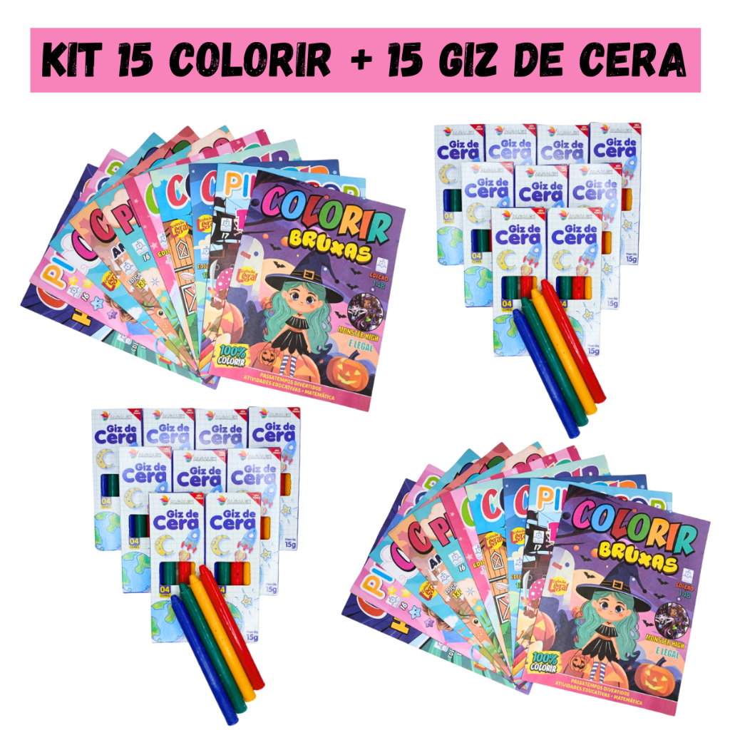 Kit 15 Revistinha Livro de Colorir + 15 Cx Giz de Cera Mini 5 Cores P/ Kit Festa Lembrancinha