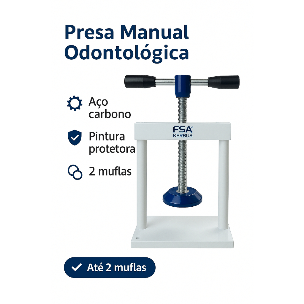 Prensa Manual Reforçada De Bancada Odontológica Kerbus Para 2 Muflas Aço Carbono  Protese Protético