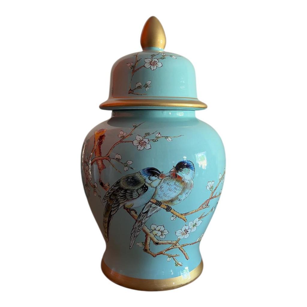 Potiche Cerâmica Vaso Tampa 44cm Importado China Decoração Azul-celeste Pássaros