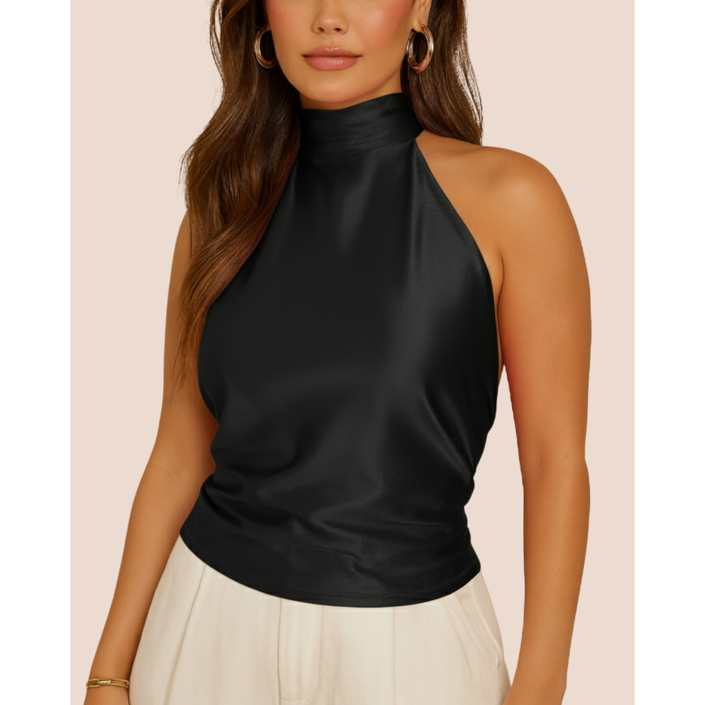 Blusa Feminina Gola Alta Frente Única Alças Finas Tecido Crepe Cetim Com Elastano Caimento Sofisticado