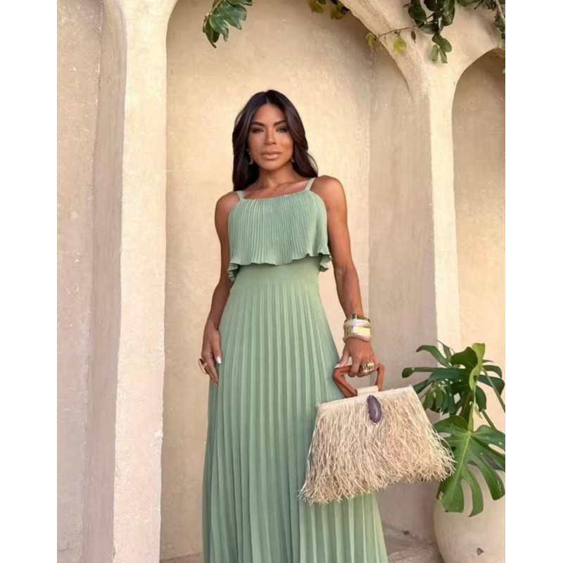 Vestido Longo Feminino Plissado com Alças Finas Camada Na Frente Versátil Lançamento em Oferta na Shopee