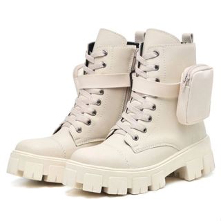 Promo Bota Coturno Feminina Sola Tratorada Zíper Lateral com Bolsinhas Removíveis Moderna Off White em Oferta na Shopee