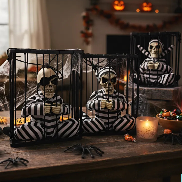 Decoração Halloween Caveira Cadeia Jaula com Luz E Movimento Prisioneiro Preso Sensor + Pilhas Enfeite