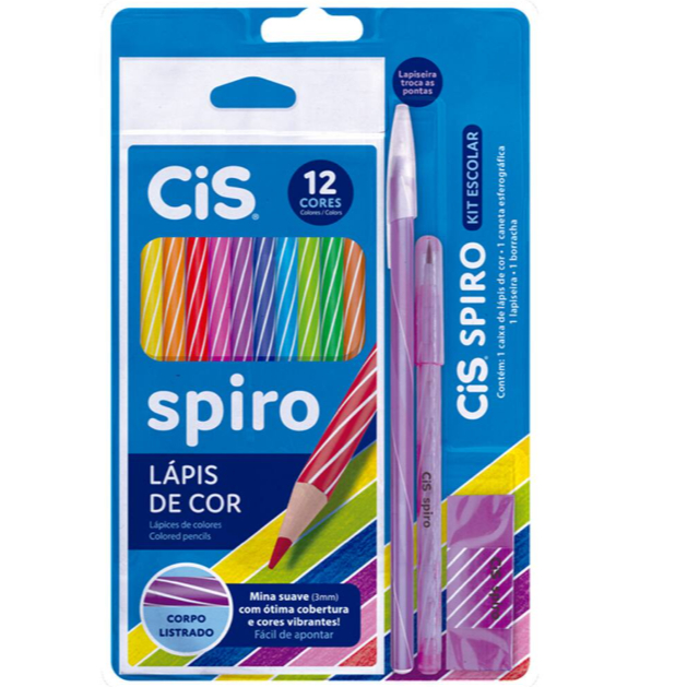 Kit com Lápis de Cor, Borracha e Caneta e Lapiseira troca pontas CiS Spiro Escolar Promoção