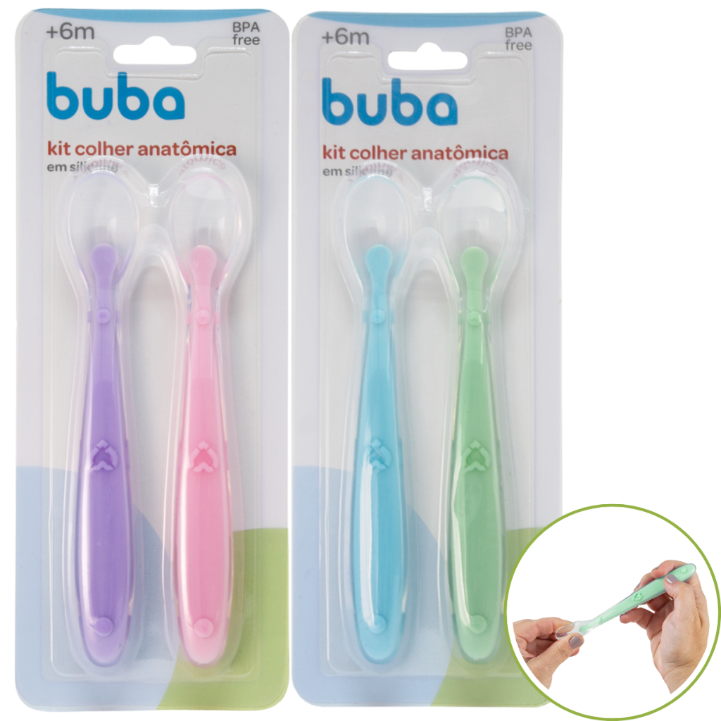 Kit 2 Colher Silicone Anatômica Buba Alimentação Bebê Papinha Introdução Alimentar Talher Rosa Azul