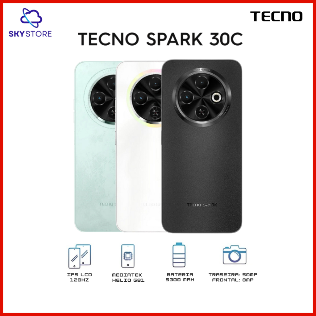 Tecno Spark 30C 4G 128 e 4GB RAM, Câmera 50MP, Processador Mediatek Hélio G81,, Bateria 5000mAh, Versão Global