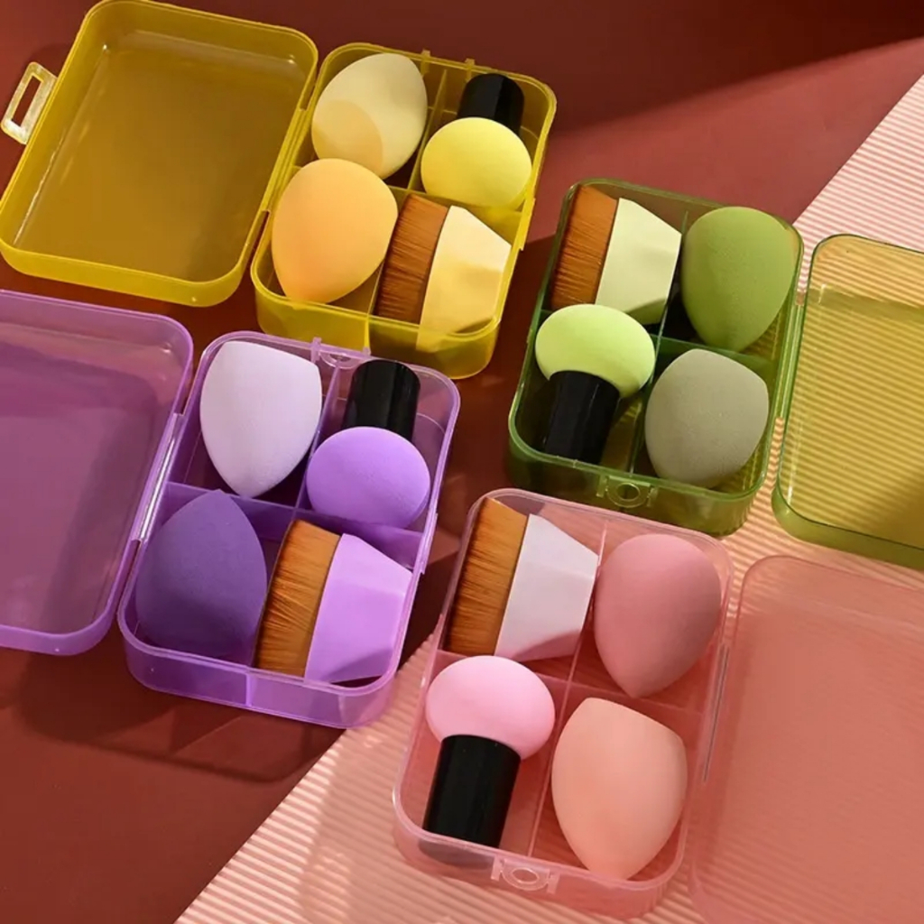 Kit maleta - 3 Esponjas de Maquiagem Pó Base Corretivo Contorno Blush -  Mini Maleta Portátil