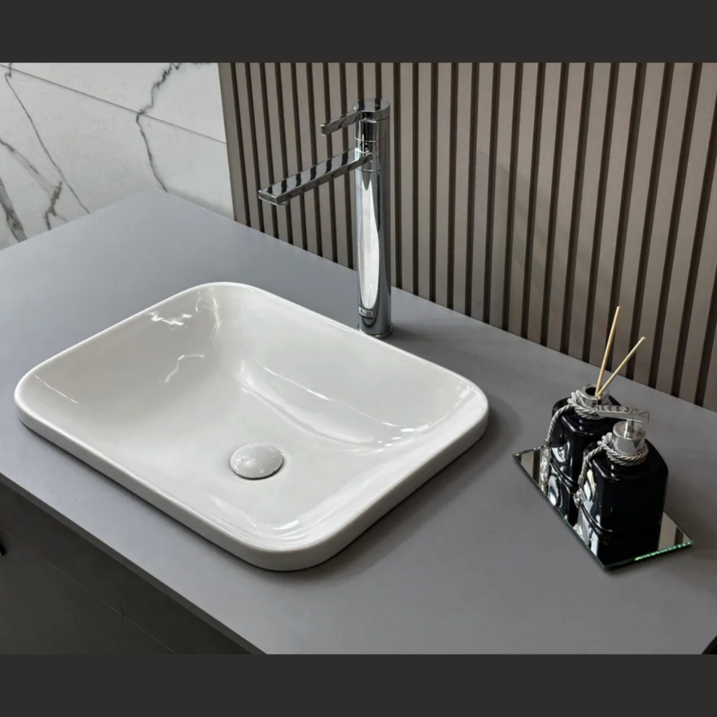 Cuba 51x38,5 Porcelana Louça de Banheiro Lavabo Pia Sobrepor Venezza Branca com Válvula Click