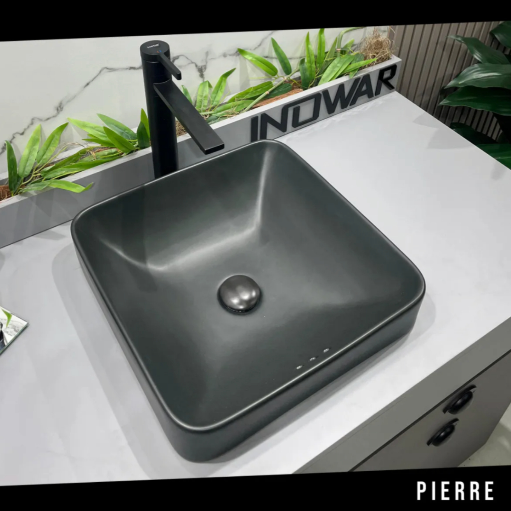 Cuba 42x42 de Porcelana Louça Preta Fosca DonPierre com Válvula Click Para Seu Banheiro Lavabo