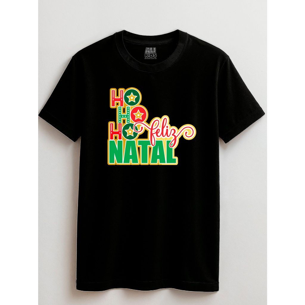 Camisa Feliz HoHo Juvenil e Infantil 100% Algodão Natal 2 ao 16 anos Papai Noel Unissex