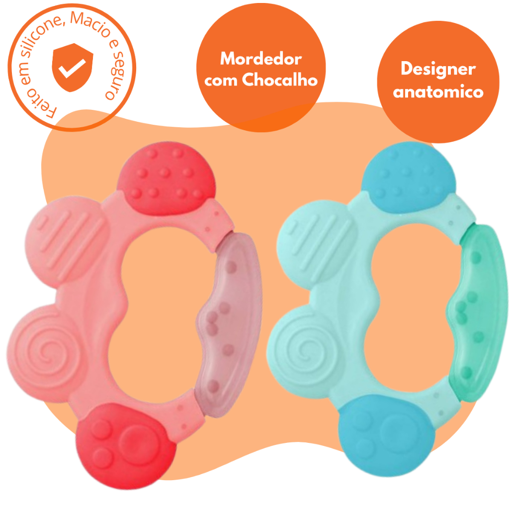 Mordedor Sensorial de Silicone com Chocalho para Bebê 3 Meses+, Estímulo Auditivo e Tátil