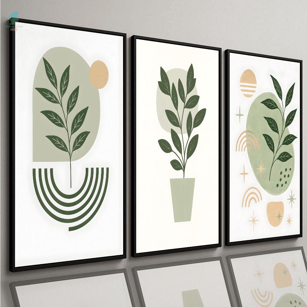 Quadros Decorativos Folhagem Verde Geométrico Minimalista Abstrato Sala Quarto