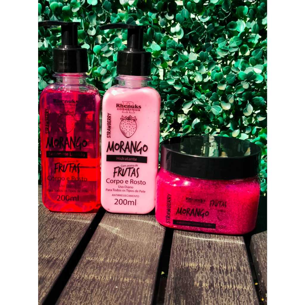 Kit Morango: Esfoliante  + Hidratante corporal + Sabonete Líquido corpo e rosto