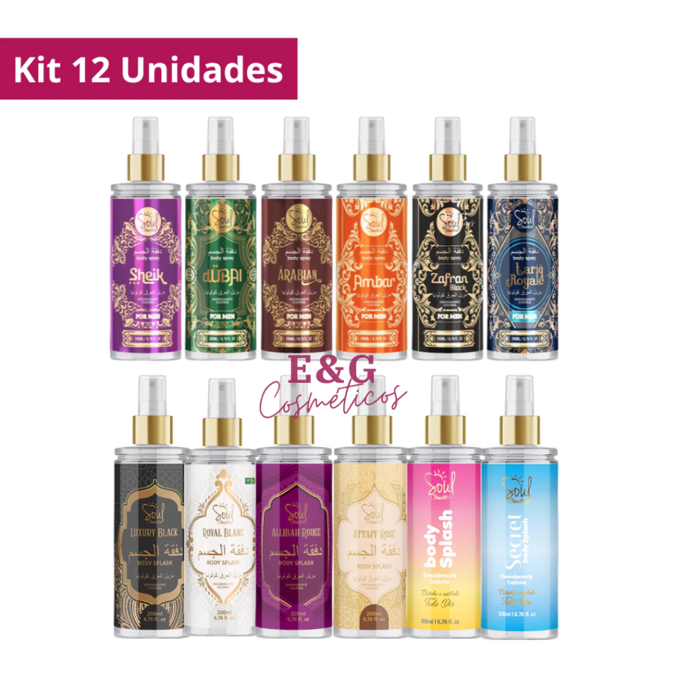 Kit 12 Body Splash Masculino e Feminino Árabe e Classicos Soul Cosméticos 200ml
