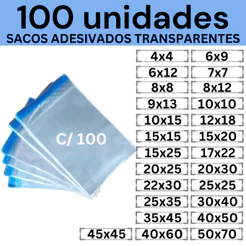 Kit 100 Sacos Adesivados Transparentes 4x4 6x9 6x12 7x7 8x8 8x12 9x13 10x15 12x18 15x15 15x20 30x40 35x45 45x45 50x70