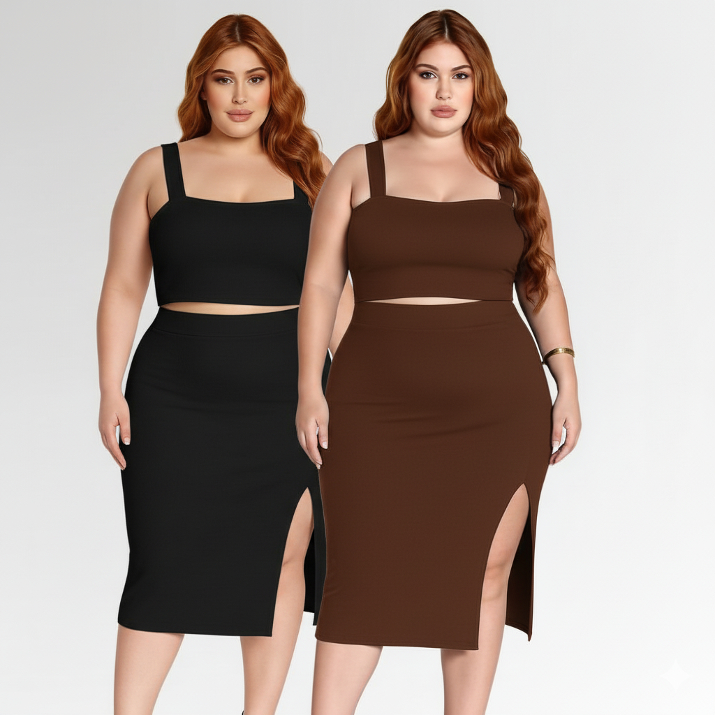 Kit 2 Conjuntos Femininos Plus Size Elegantes Saia Midi e Cropped Alça para Festa e Dia a Dia Verão