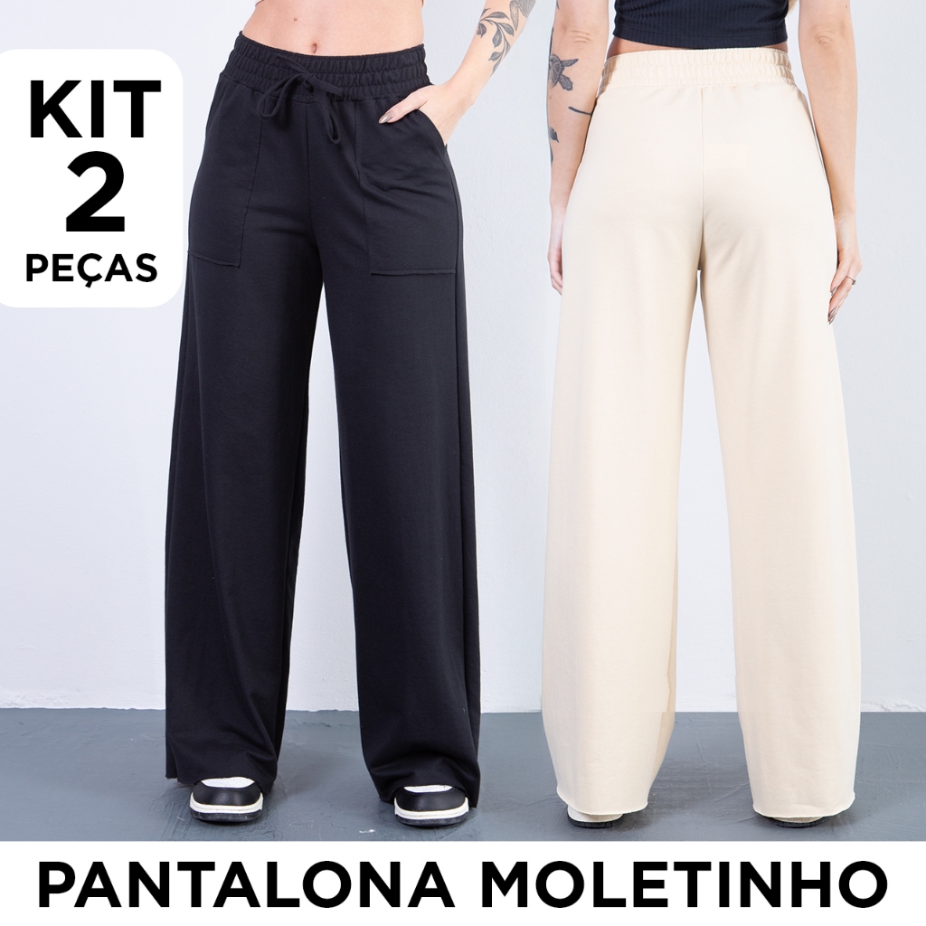 Kit 2 Calças Pantalona Feminina de Cintura Alta Barra a Fio Elegante e Confortável