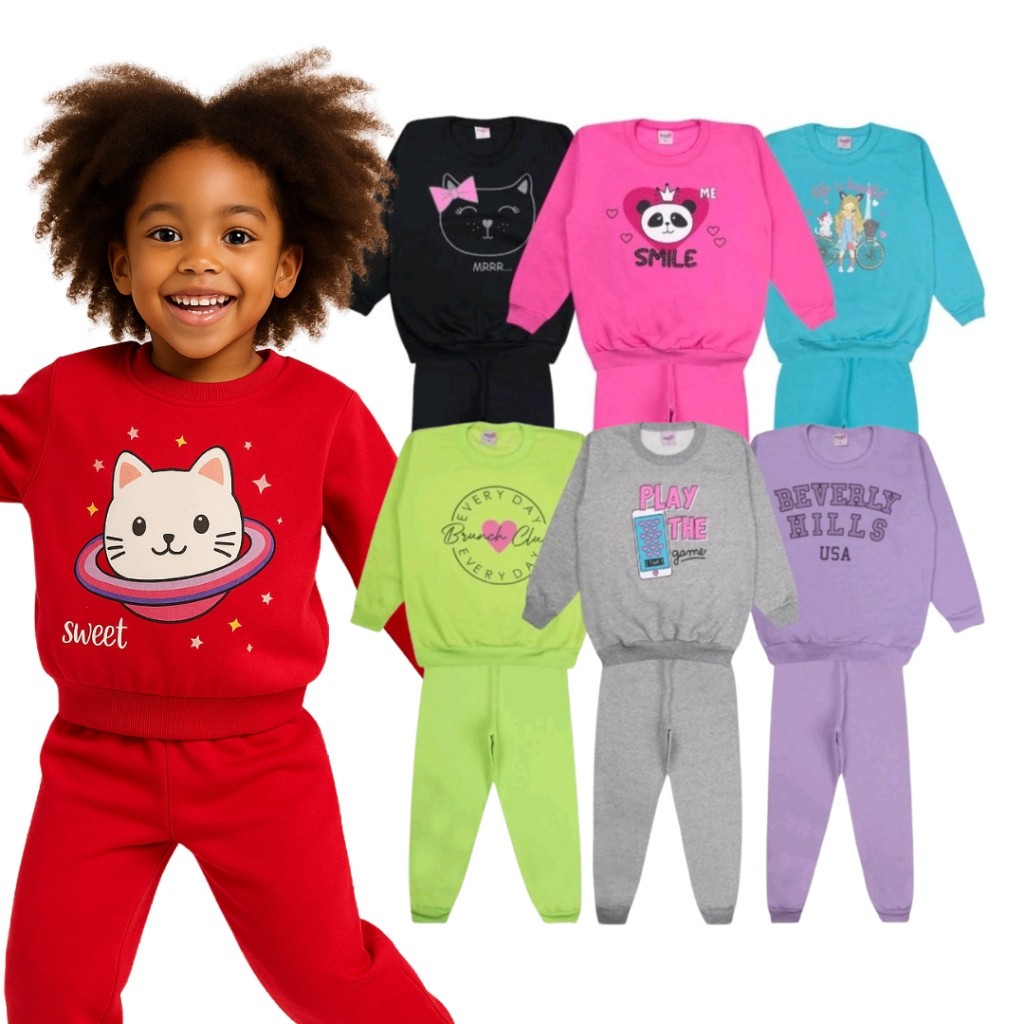Kit de até 6 Peças Conjunto Moletom Infantil Menina 1 ao 16 Feminino Outono Inverno