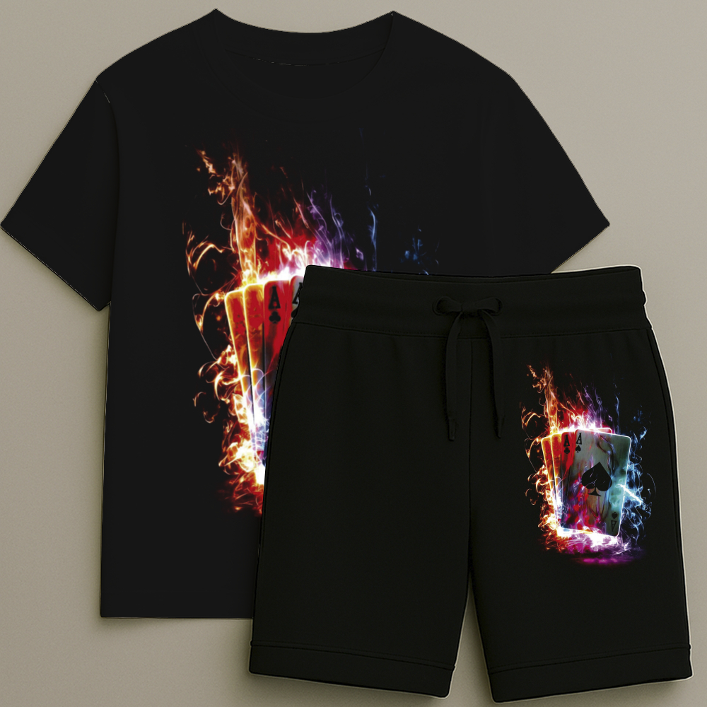 Camiseta e Bermuda Infantil Masculina Estampa Baralho Fogo Premium Alta Qualidade Do Tamanho 2 ao 16