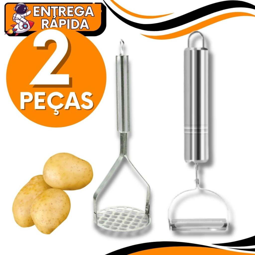 KIT JOGO 2 Amassador Batata + Descascador Legumes Legumes Batata Amassa Descasca Utensilio Casa Cozinha Aço Inox