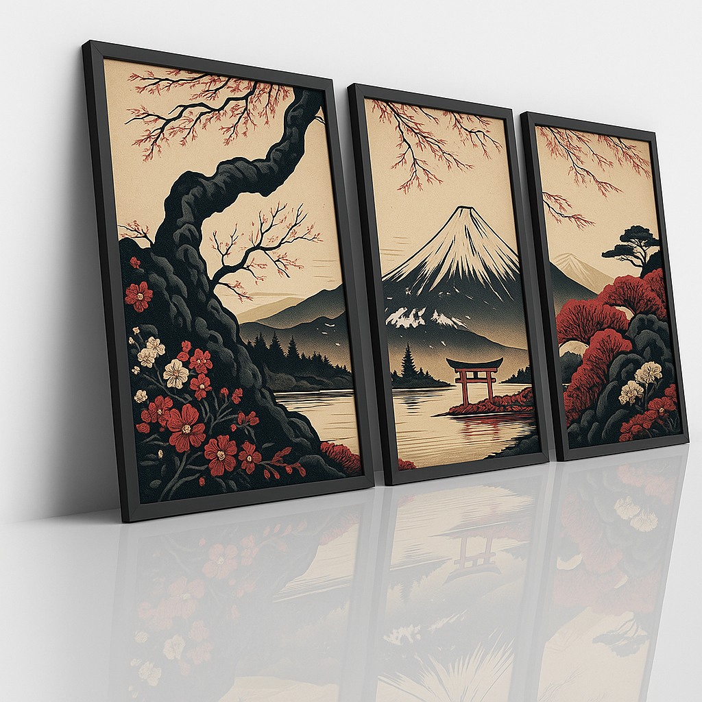 Quadros Decorativos Japoneses 3 Peças Monte Fuji Estilo Oriental Minimalista Para Quarto e Sala em Oferta na Shopee