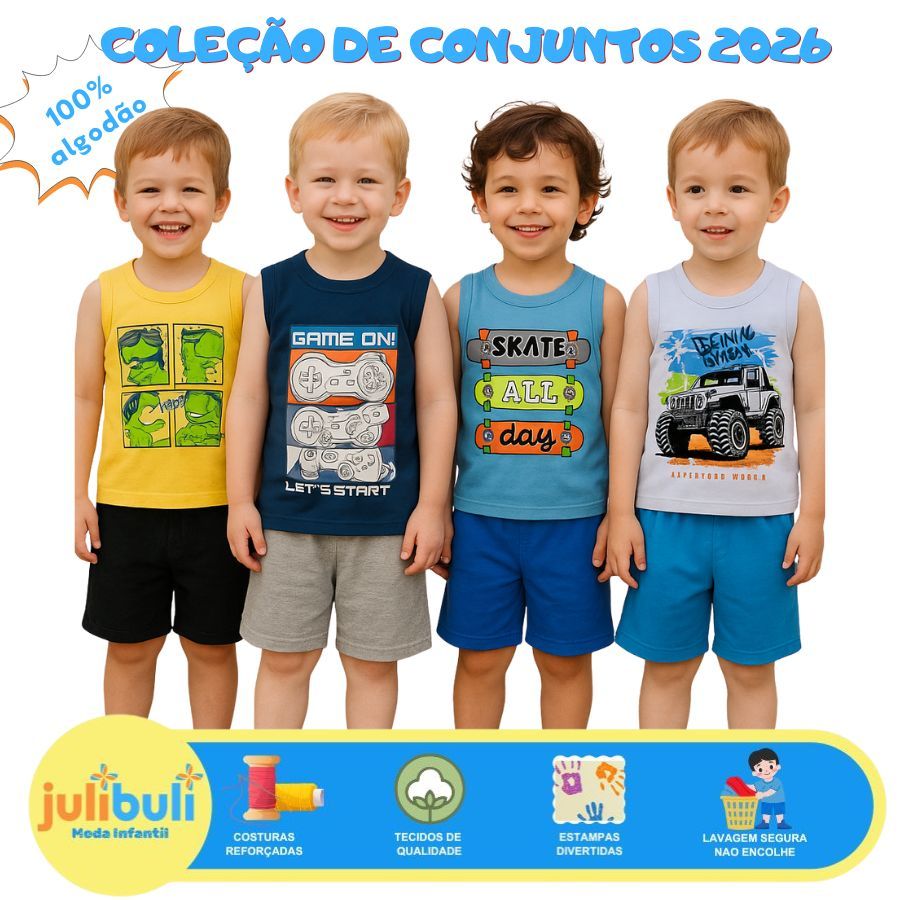 Kit Sortido REGATA 4 Peças de Roupas Infantil Menino 2 Camisetas regatas + 2 Bermudas - Roupa  Menino Verão Menino