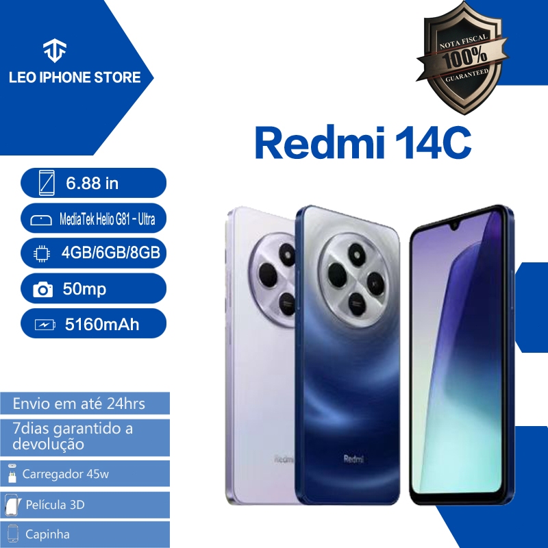 Smartphone Celular Xiaomi Redmi 14c 256gb  8gb RAM 128gb 4gb Dual Sim 50MP Global 14 c Lançamento