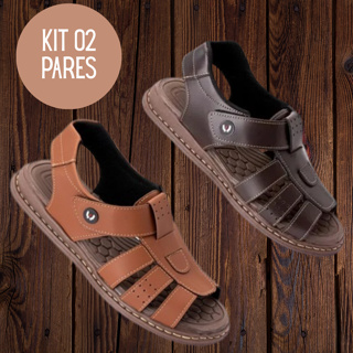 KIT 02 PARES Sandália Masculina Ortopédica em Couro Legítimo | Sola Antiderrapante e Anti-Stress | Conforto Premium em Oferta na Shopee