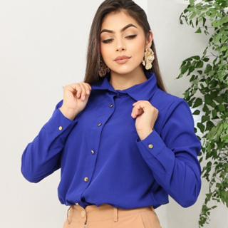 Camisa Social Feminina Manga Longa Tecido Leve Liso com Botões Dourados – Novo Lançamento em Oferta na Shopee