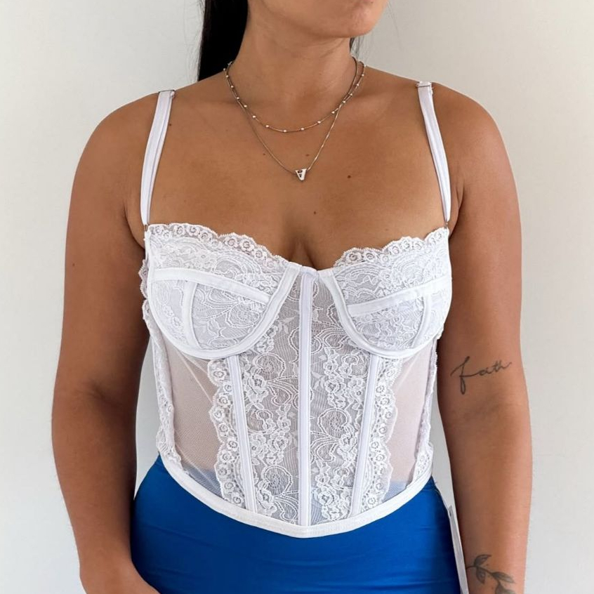 Cropped Feminino Corset Renda Corselet Alça Regulagem  Tendencia