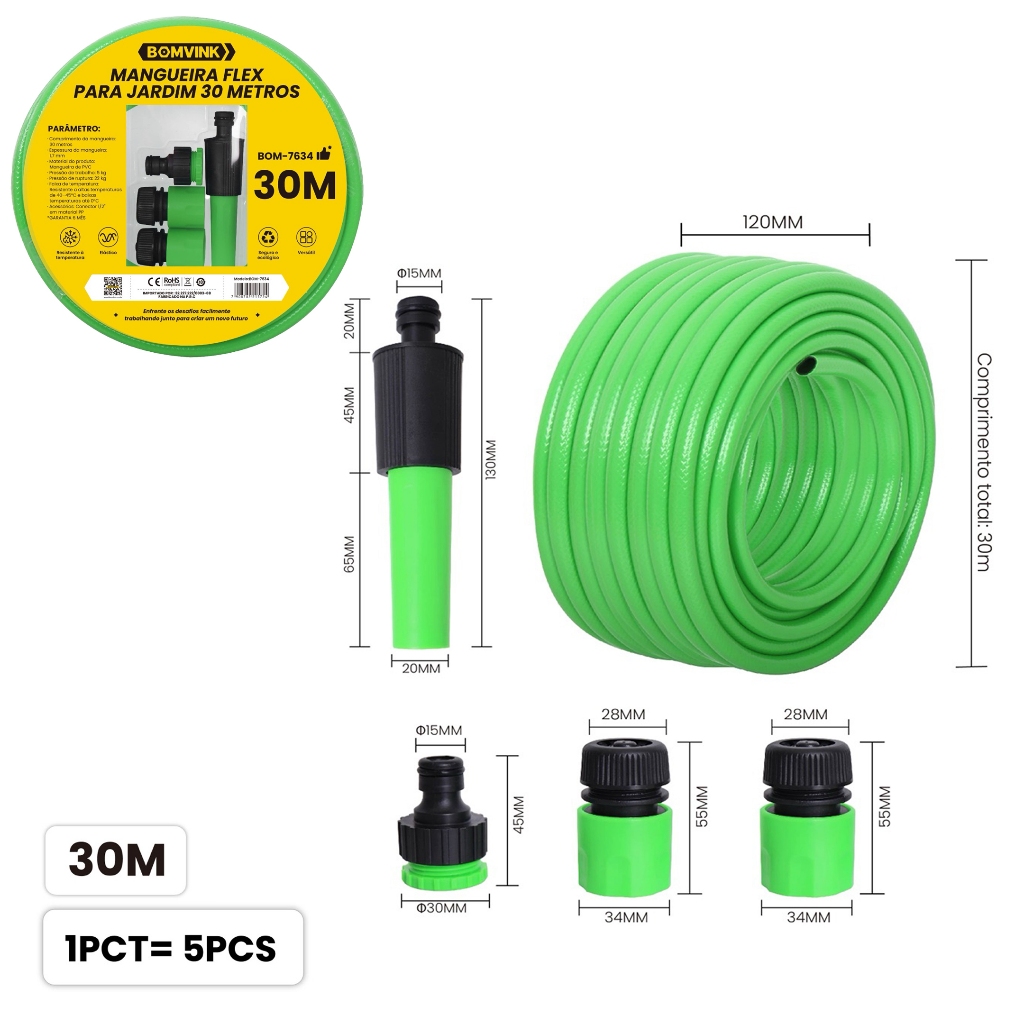 Kit 5PCS Mangueira De Jardim Reforçada Trançada Completa Limpeza 30 25 20 15 10 Metros Quintal