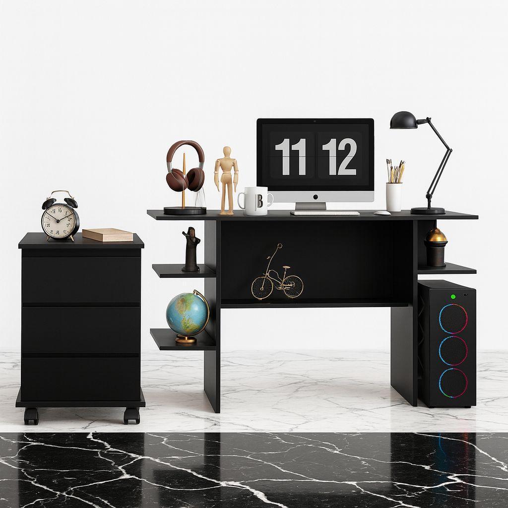 Kit Mesa Gamer  e Cômoda Multiuso Quarto/Sala Com Rodinhas