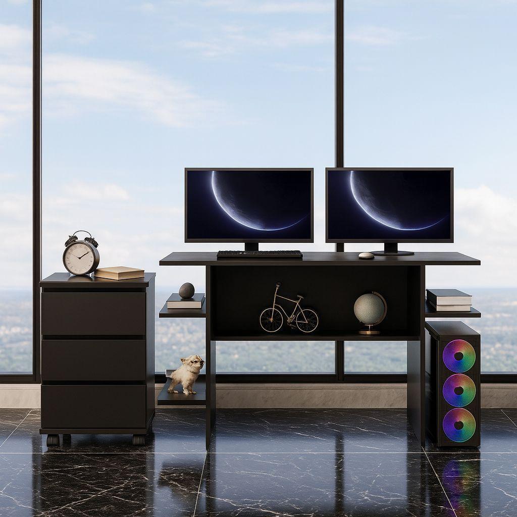 Kit Cômoda 3 Gavetas  E Mesa Gamer  Escritório Consultório Quarto/Sala