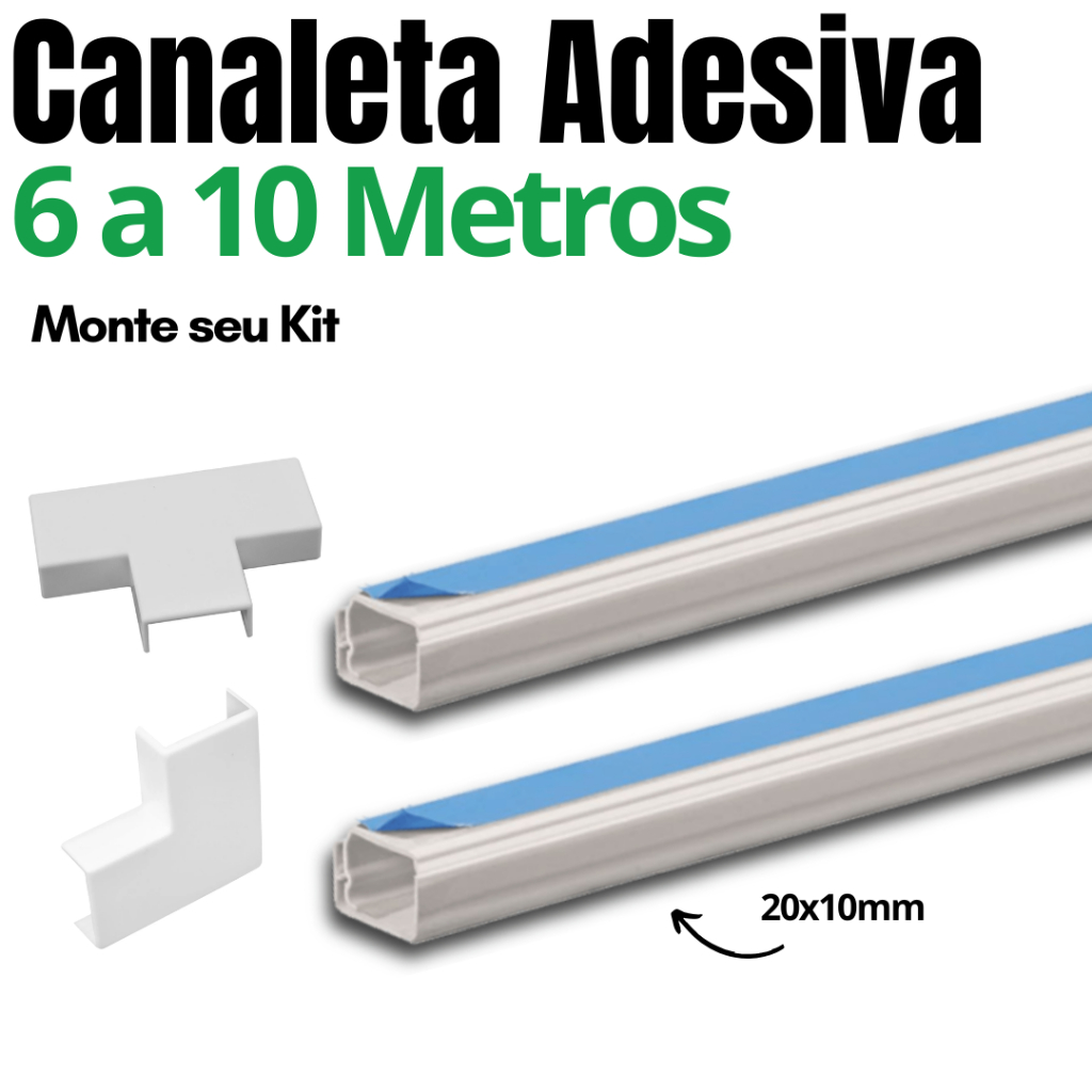 Kit Canaleta para Cabos 20x10mm com Fita Dupla Face Organizador de Fios 6 a 10 Metros