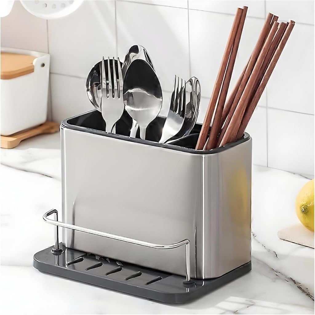 Escorredor de Talheres Organizador de Pia Inox Suporte para Esponja, Talheres Inox Resistente