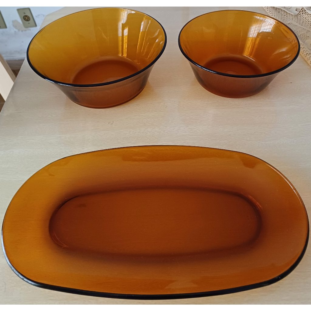 Kit com 2 Tijelas e 1 Saladeira Travessa Duralex Âmbar Marrom Anos 80 Antigo