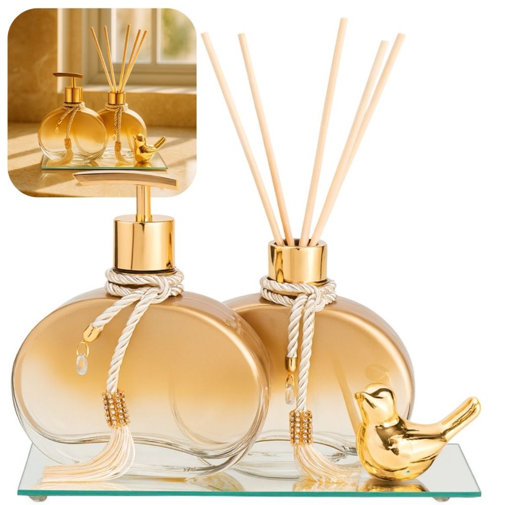 Kit Lavabo Jolie Luxo Vidro Degradê Dourado Kit Completo com Bandeja Decorativa
