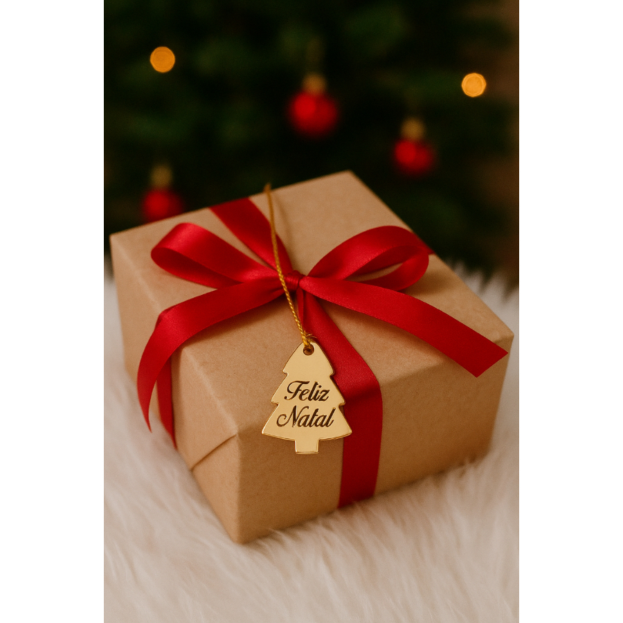 Kit Tags Árvore de Natal 2,2x1,8cm Acrílico Espelhado Dourado – Enfeite “Feliz Natal” Luxo