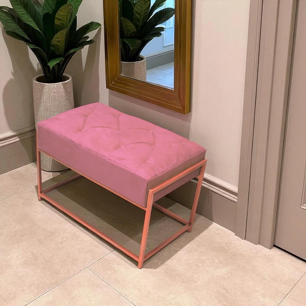 Puff Recamier Retangular 60x36 Penteadeira Pé Reto Capitonê Quarto Sala Recepção Base Rose Gold