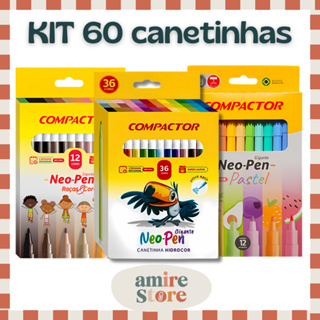 KIT 60 Canetinhas 36 + 12 Pastel + 12 Raças Neo Pen Gigante Hidrográfica Compactor 2mm em Oferta na Shopee